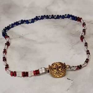 Patriotic Seed Bead Bracelet Red White Blue Gold Tone Dainty 4th of July USA‎